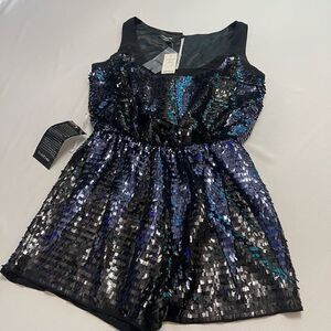 NWT BEBE Navy Blue Black Sequin Embellished Romper Jumpsuit Size 4 NEW